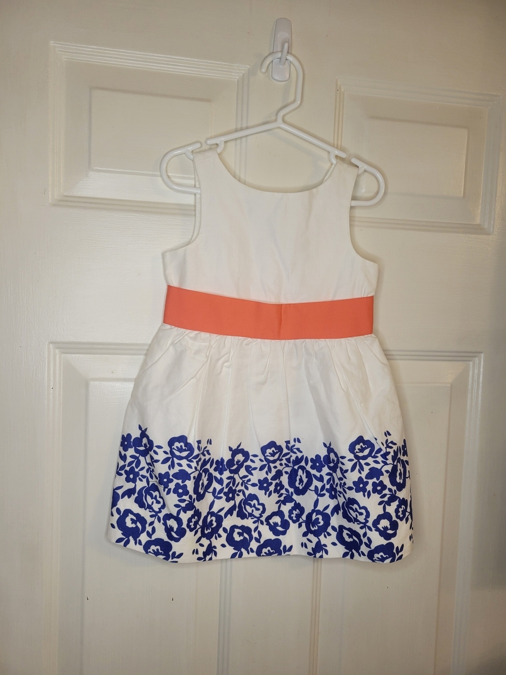 Janie and Jack White Dress with Blue Floral Border and Coral Waistband - Picture 2 of 7